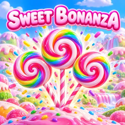 Sweet Bonanza logosu ve gökkuşağı renkli dev lolipoplar
