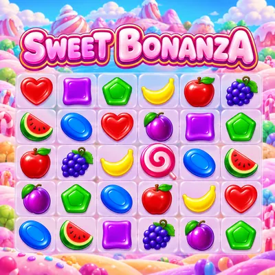Sweet Bonanza logosu ve meyve, şeker sembolleriyle dolu oyun alanı