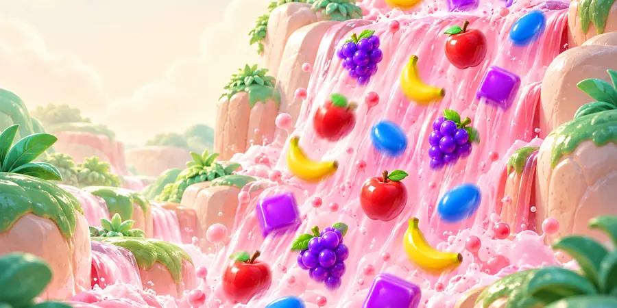 Pembe bir şelaleden aşağı dökülen meyveler ve şekerler