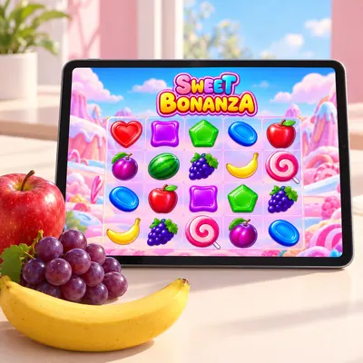 Tablet ekranında açık Sweet Bonanza oyunu